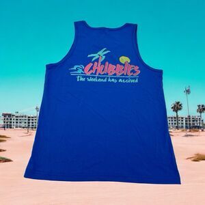 Men’s Blue Chubbies The Weekend Has Arrived Palm Tree Sun Tank Top Pocket NWT